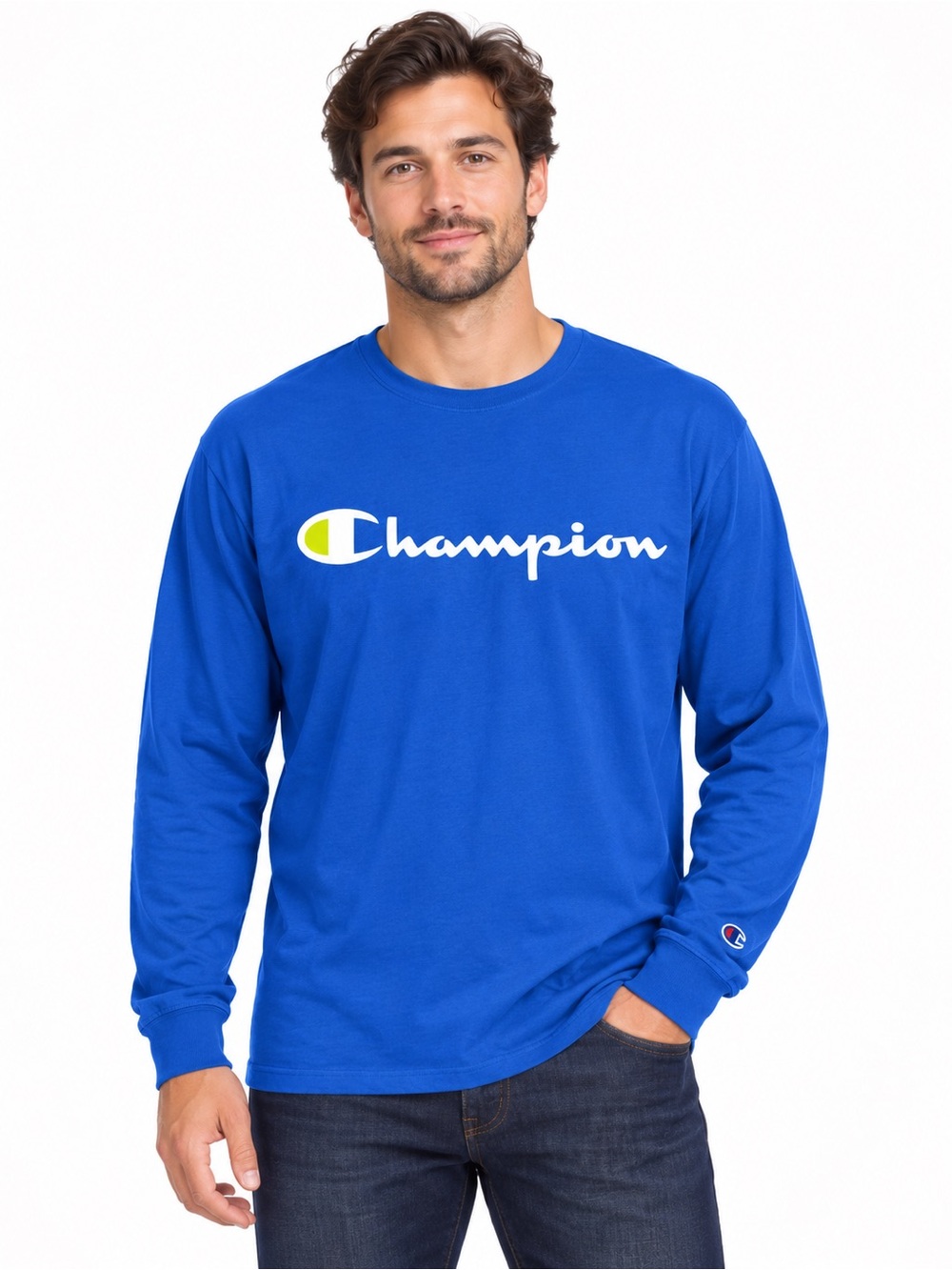 Champion Long-Sleeve Logo Tee in Bright Blue with White & Yellow Accent